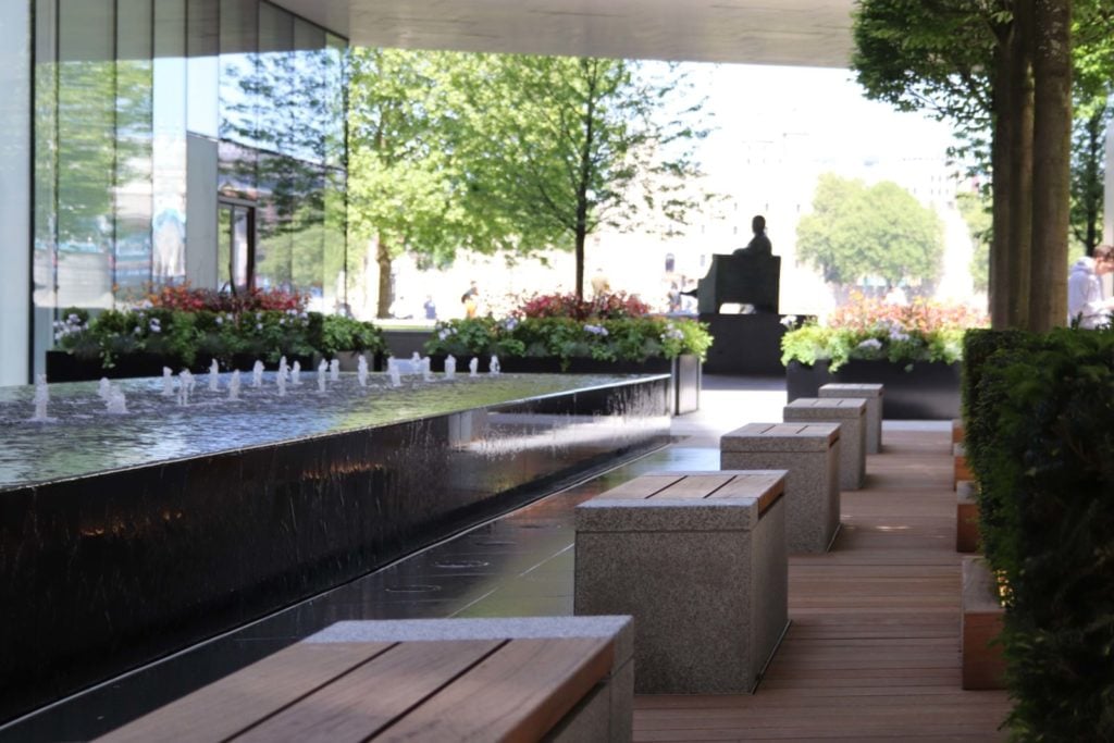 outdoor seating area with benches 