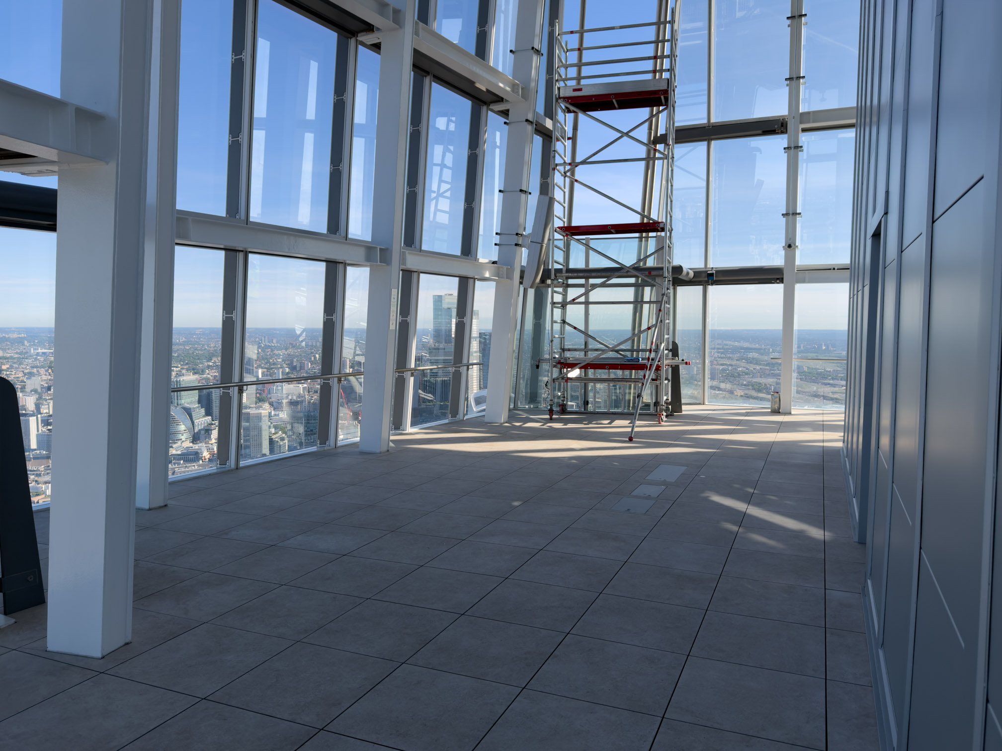 Recently refurbished Level 72 terrace at The Shard with new external flooring overlooking the London skyline.